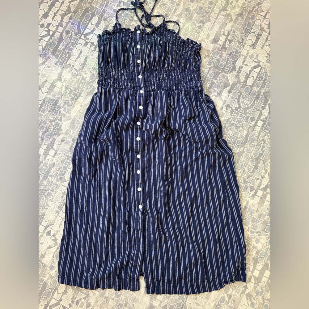 Nautical Coastal Cotton Navy Blue Striped Button-Down Dress